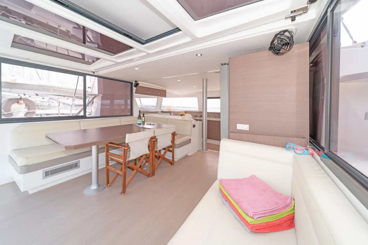 Salon of Annita, a Bali 4.3 catamaran at Preveza, Greece