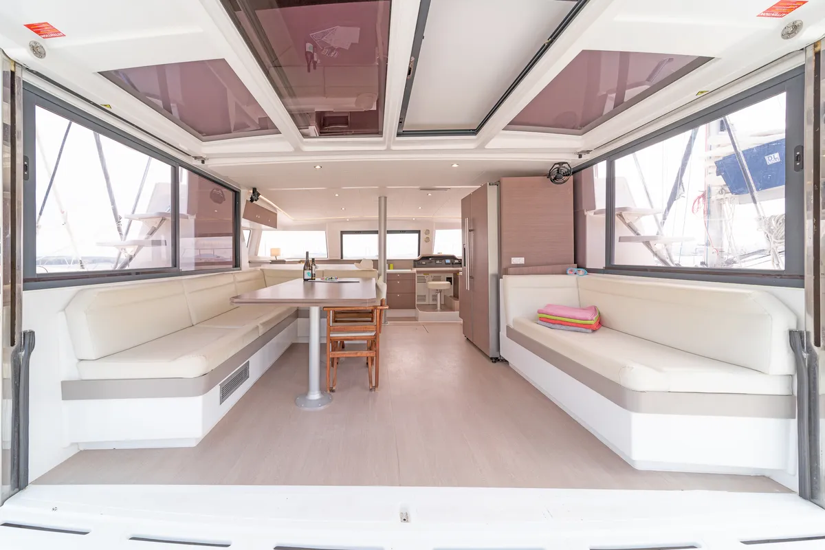 Deck of Annita, a Bali 4.3 catamaran at Preveza, Greece