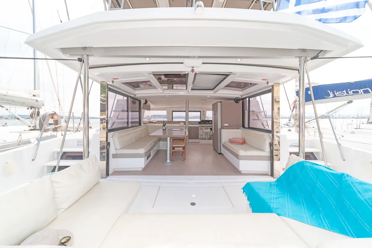 Deck of Annita, a Bali 4.3 catamaran at Preveza, Greece