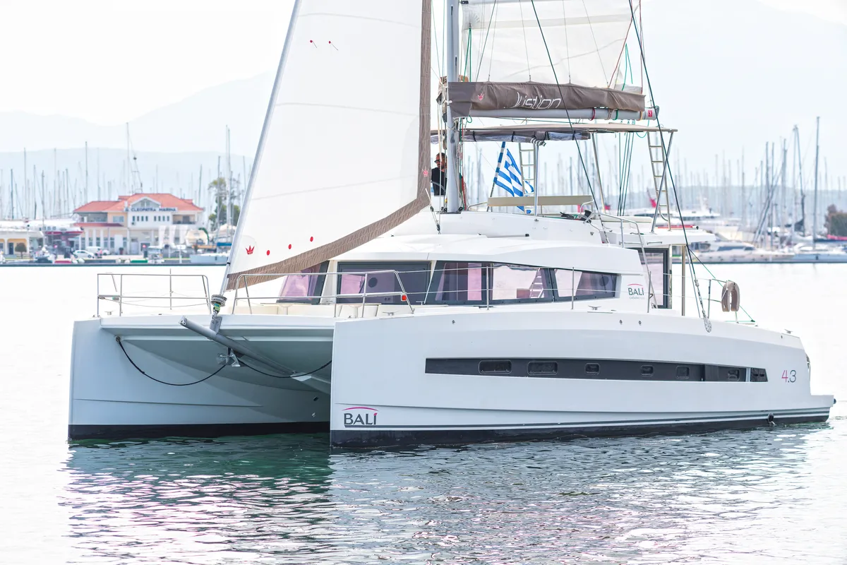 Exterior view of Annita, a Bali 4.3 catamaran at Preveza, Greece