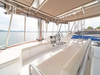 Cockpit of Annita, a Bali 4.3 catamaran at Preveza, Greece