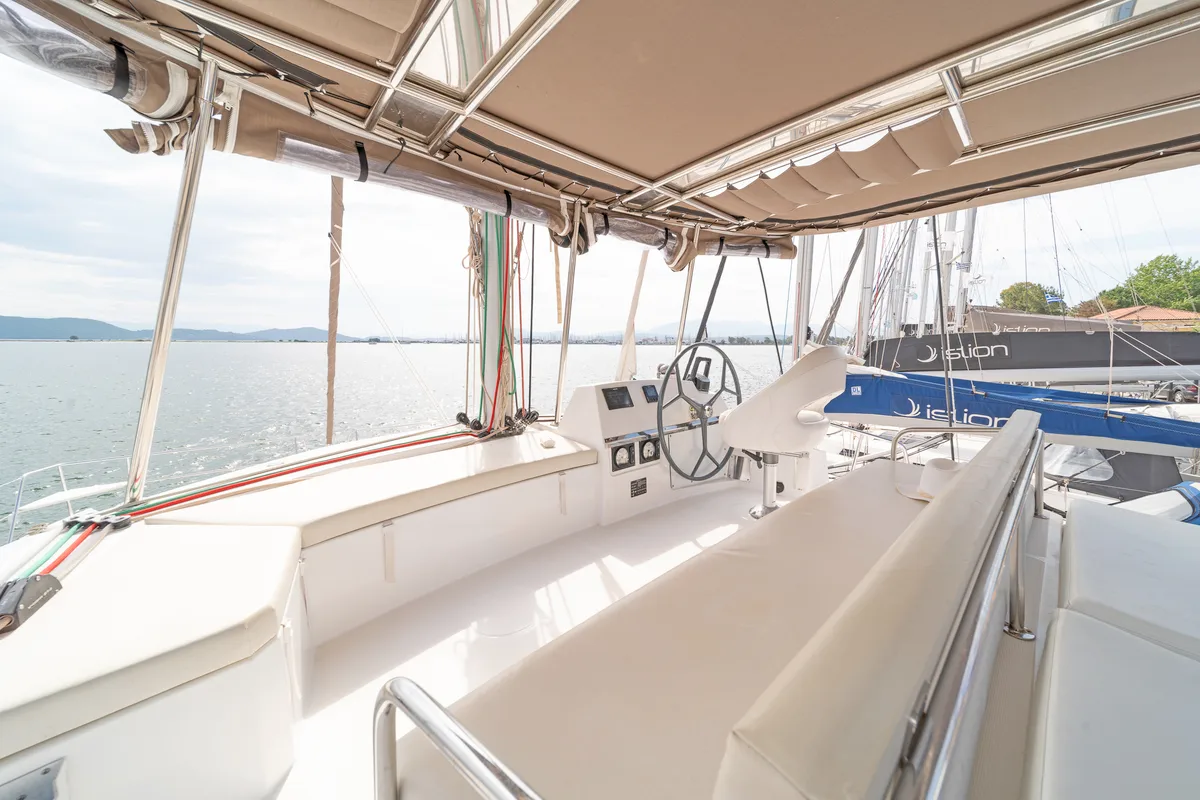 Cockpit of Annita, a Bali 4.3 catamaran at Preveza, Greece