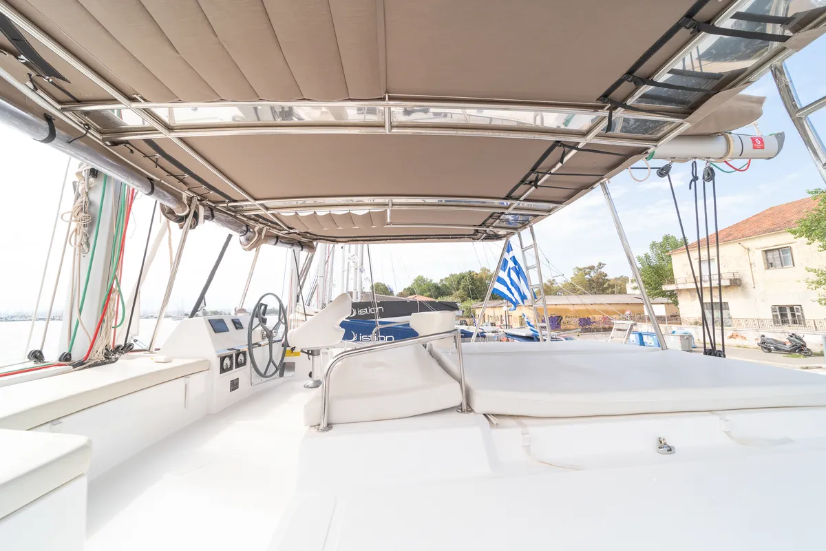 Deck of Annita, a Bali 4.3 catamaran at Preveza, Greece