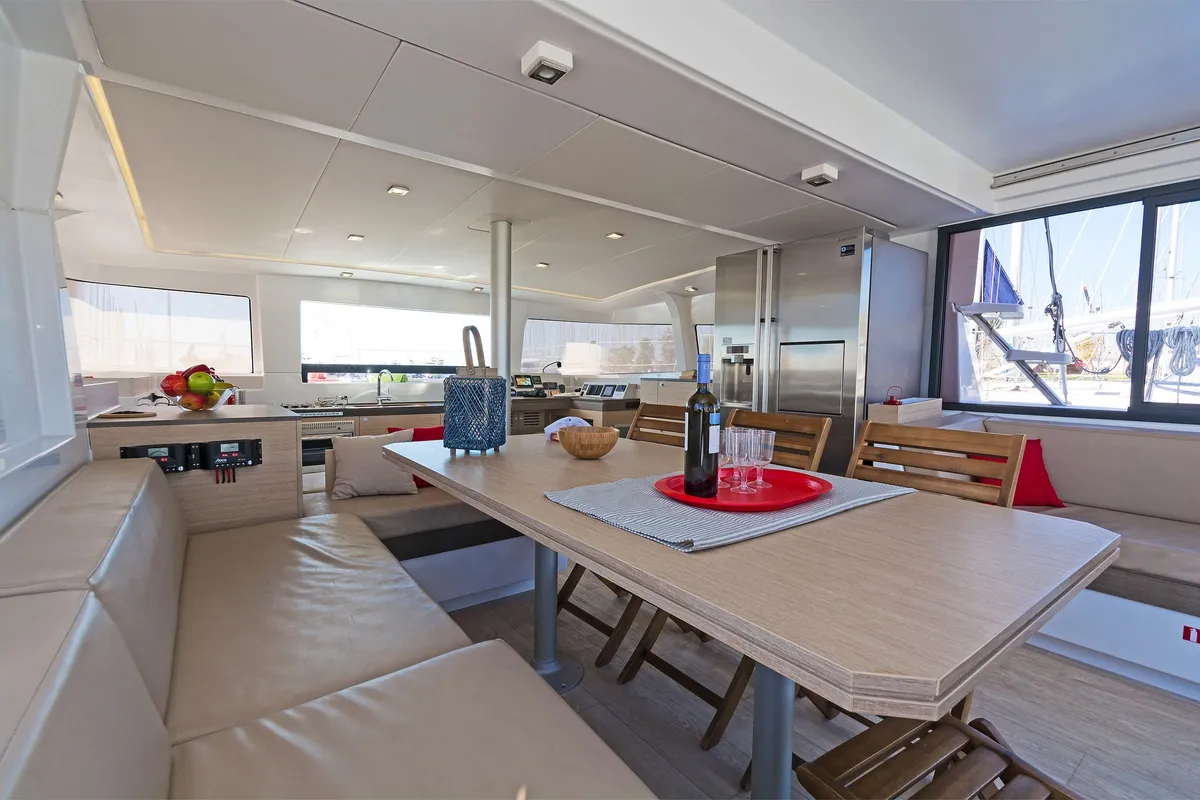 Salon of Annita, a Bali 4.3 catamaran at Preveza, Greece