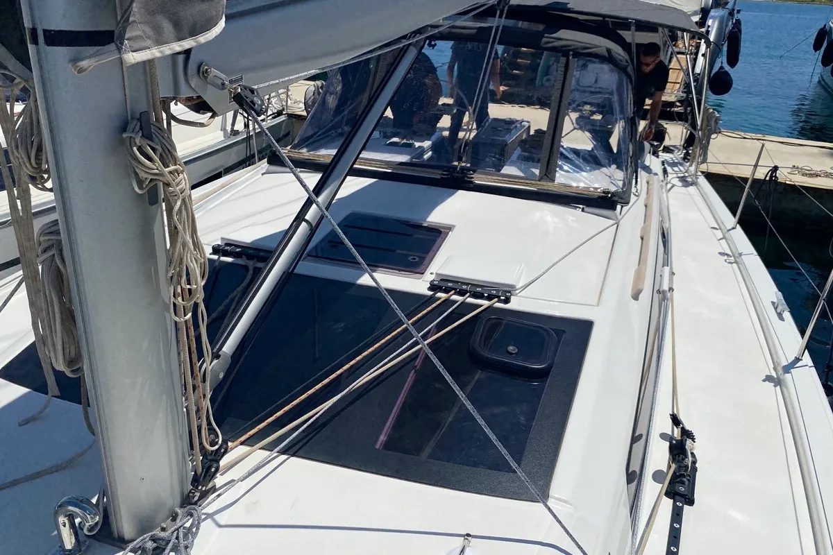 Deck of Musica, a Dufour 390 Grand Large sailboat at Olbia, Italy