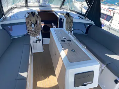 Cockpit of Musica, a Dufour 390 Grand Large sailboat at Olbia, Italy