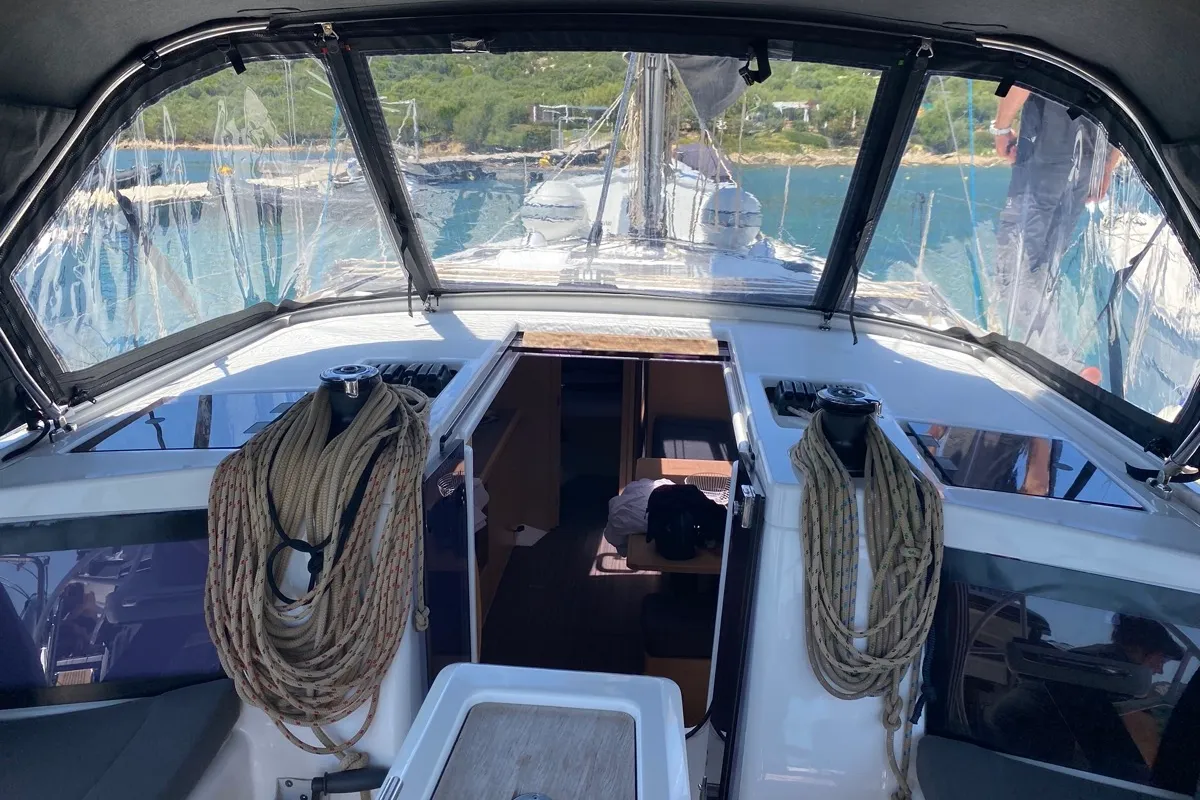 Cockpit of Musica, a Dufour 390 Grand Large sailboat at Olbia, Italy