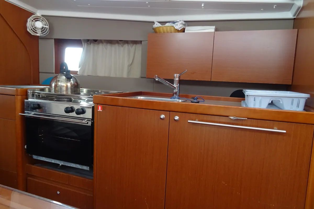 Galley of Karavas, a Beneteau Oceanis 38 sailboat at Municipal Unit of Lefkada, Greece