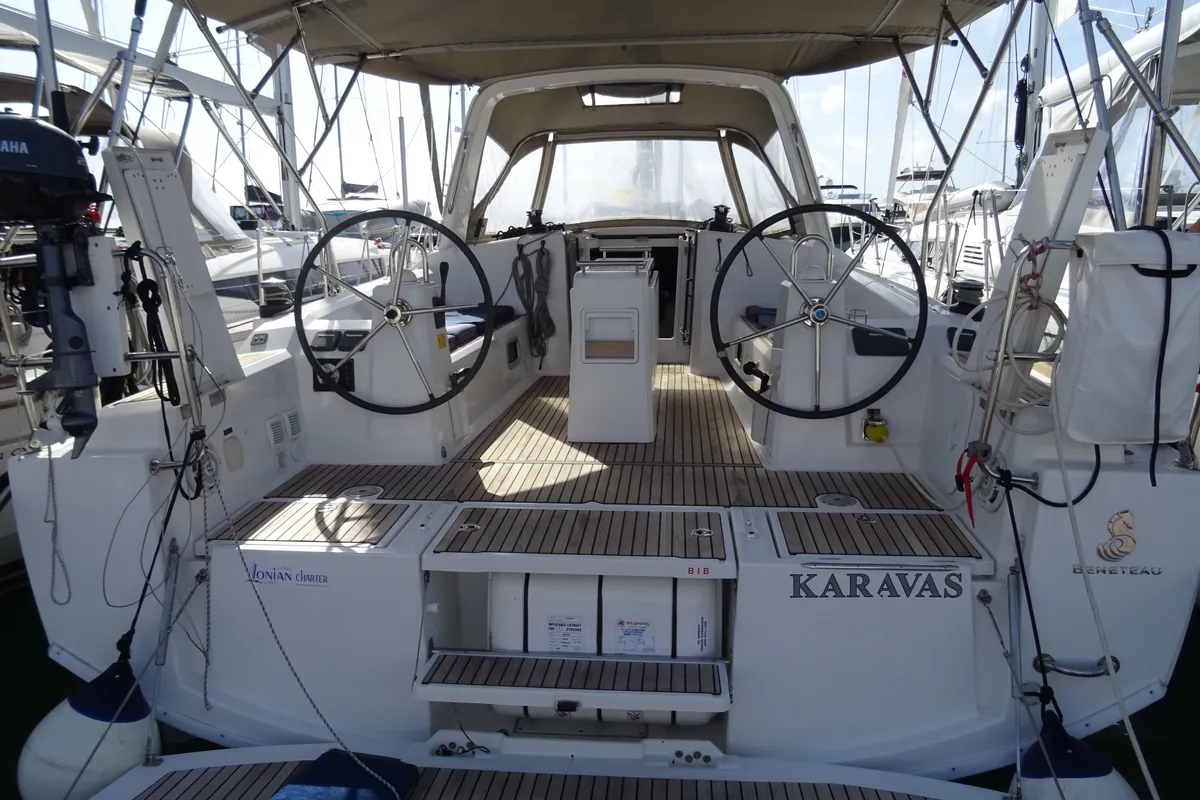 Deck of Karavas, a Beneteau Oceanis 38 sailboat at Municipal Unit of Lefkada, Greece