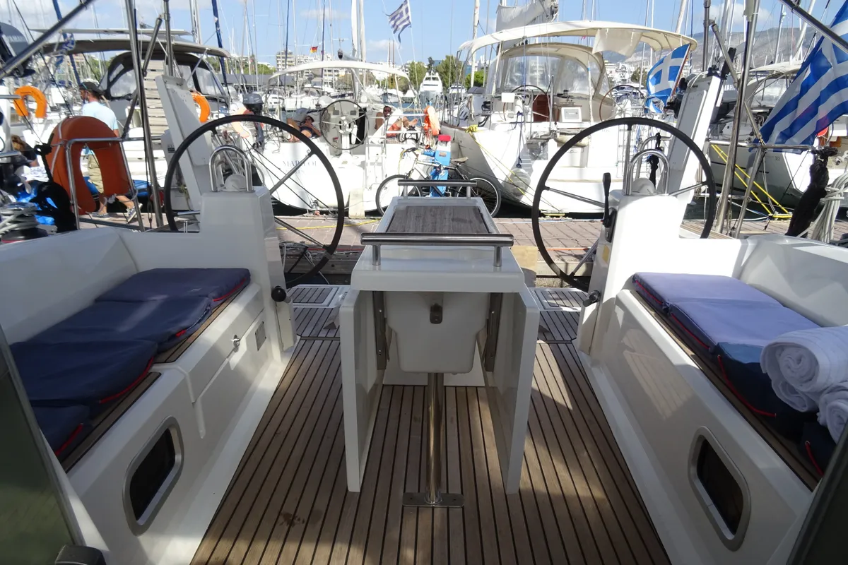 Deck of Karavas, a Beneteau Oceanis 38 sailboat at Municipal Unit of Lefkada, Greece