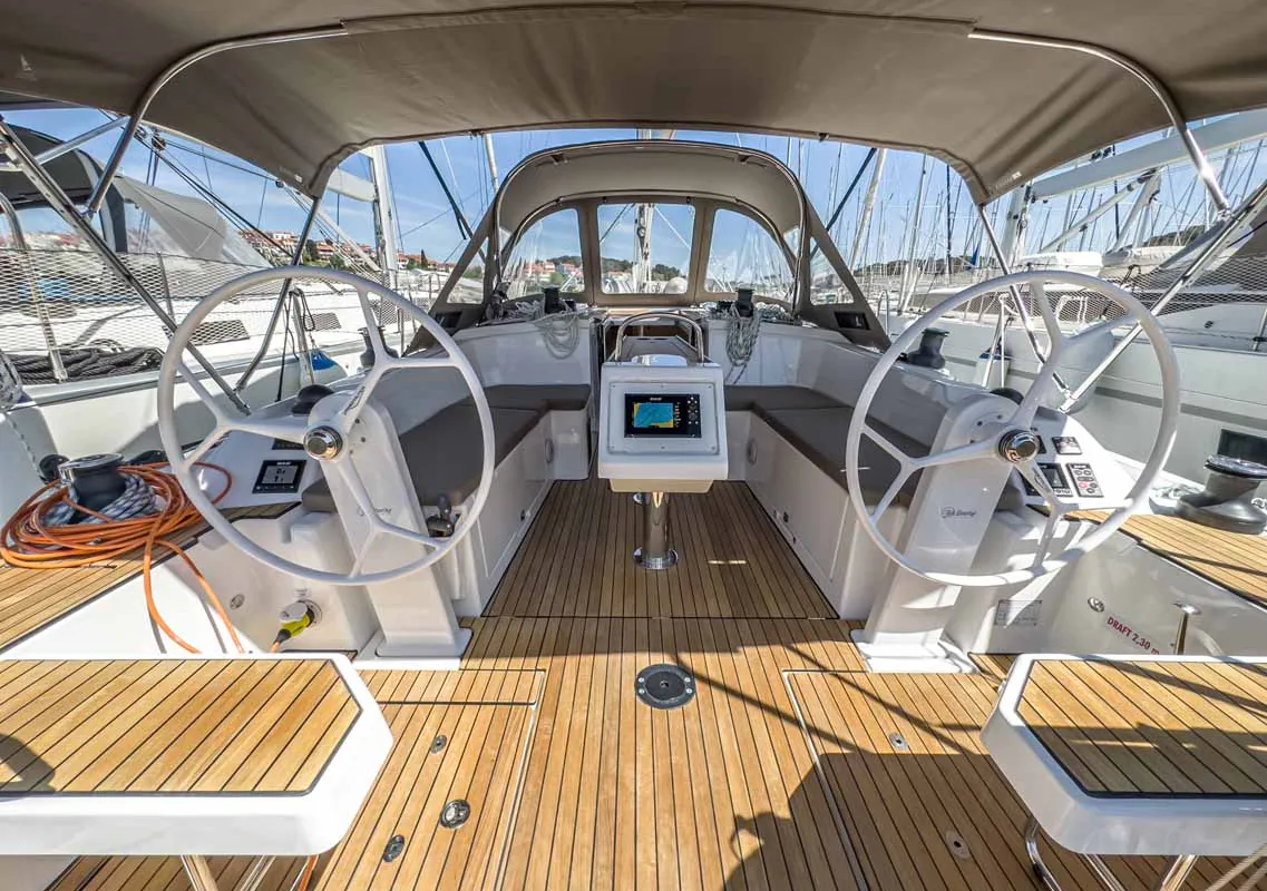 Cockpit of Penelope, a Bavaria C38 sailboat at Grad Pula, Croatia