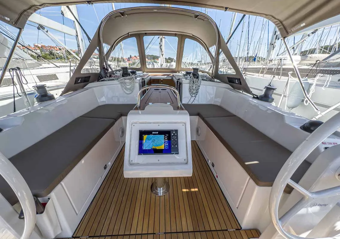 Cockpit of Penelope, a Bavaria C38 sailboat at Grad Pula, Croatia