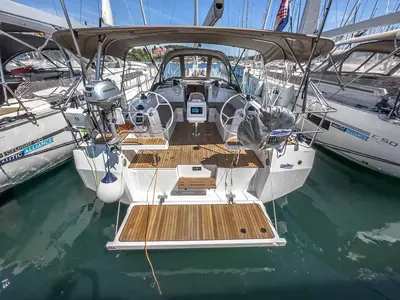 Cockpit of Penelope, a Bavaria C38 sailboat at Grad Pula, Croatia