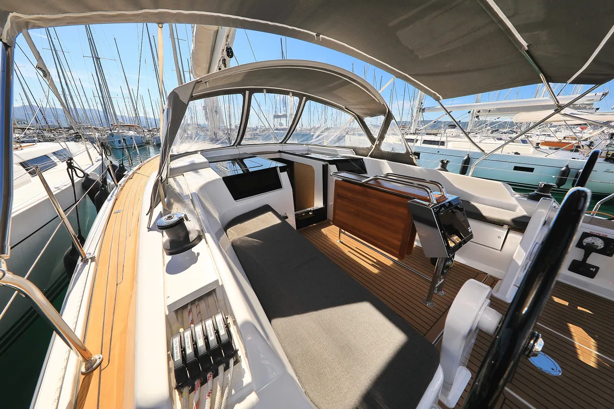 Deck of Pollux, a Hanse 418 sailboat at Grad Kaštela, Croatia