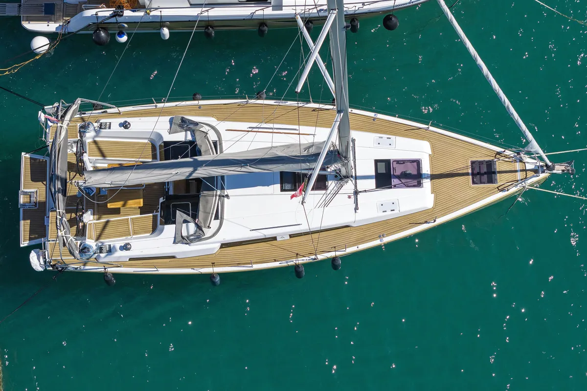 Exterior view of Pollux, a Hanse 418 sailboat at Grad Kaštela, Croatia