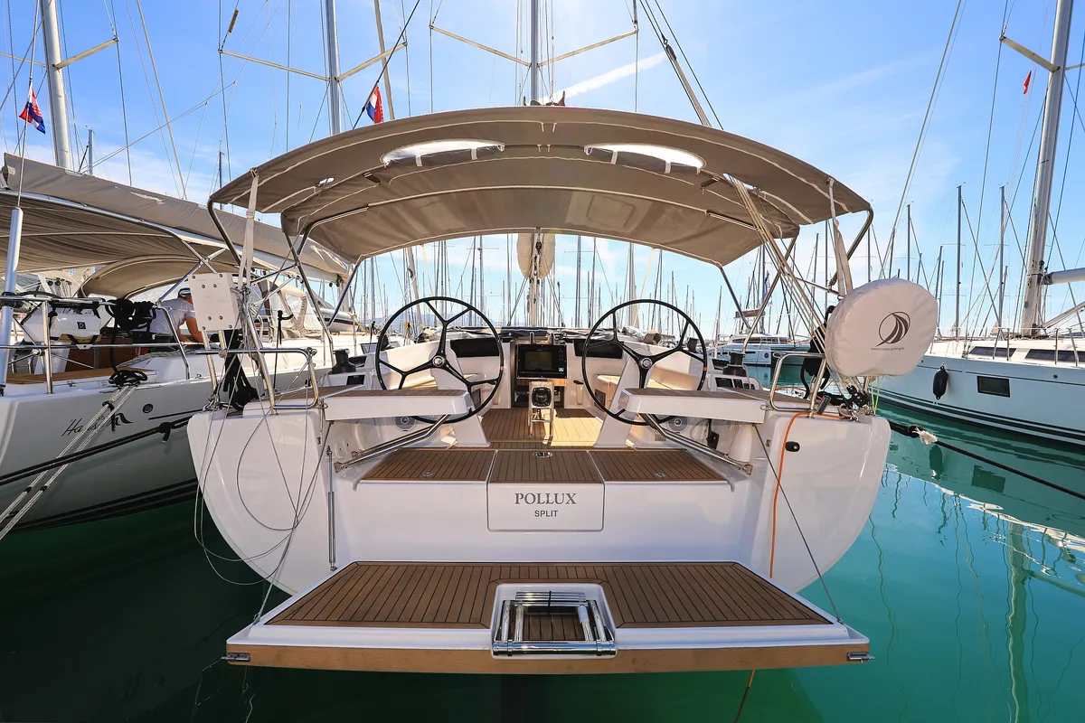 Exterior view of Pollux, a Hanse 418 sailboat at Grad Kaštela, Croatia