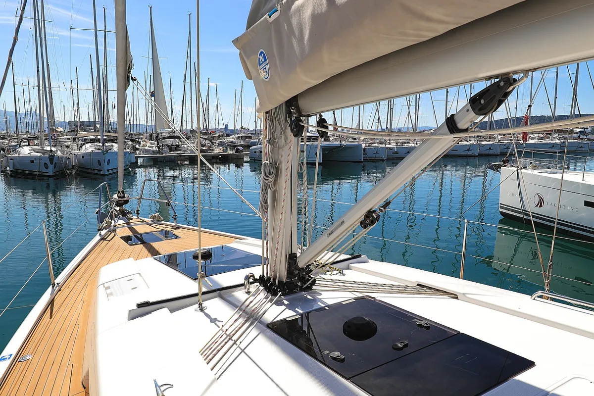 Deck of Pollux, a Hanse 418 sailboat at Grad Kaštela, Croatia