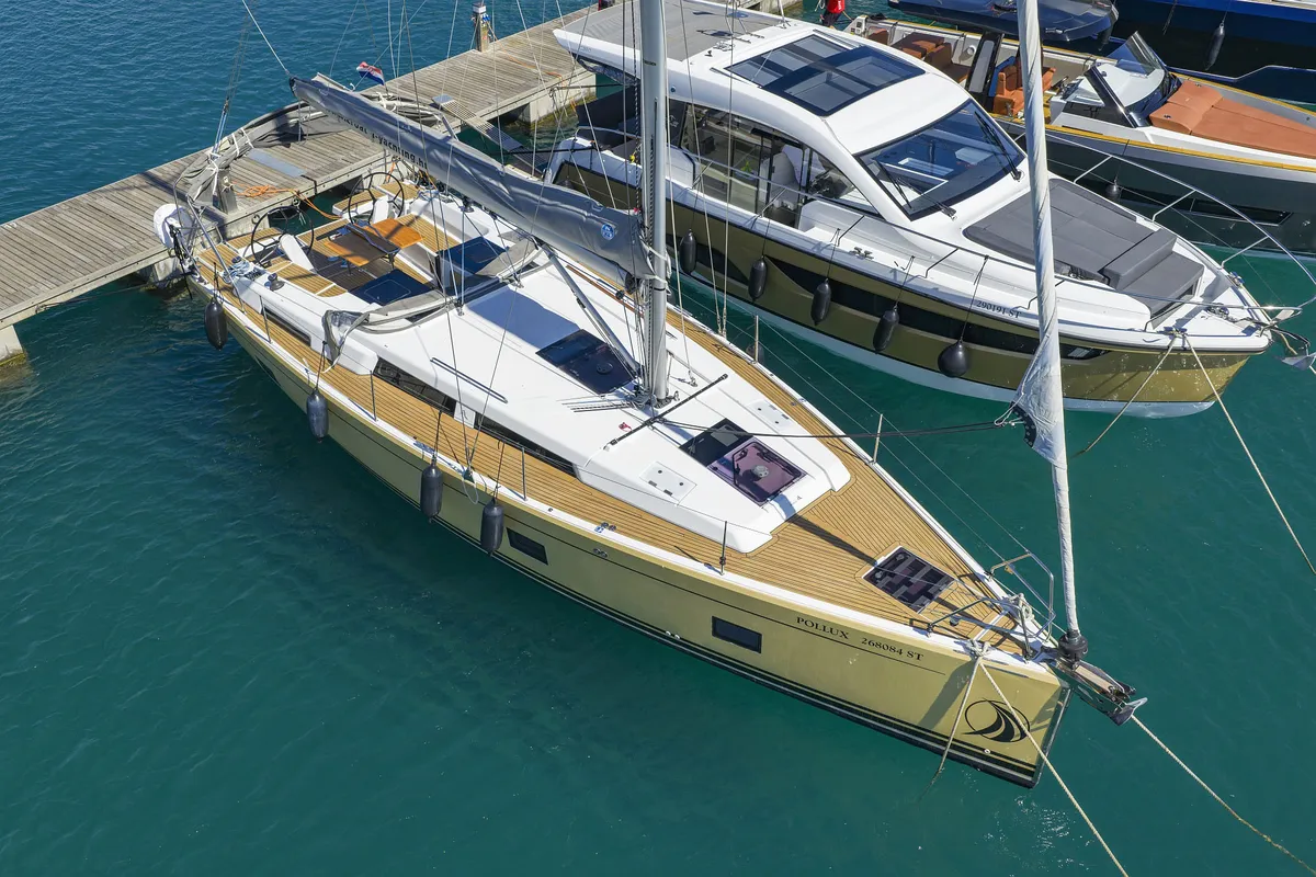 Exterior view of Pollux, a Hanse 418 sailboat at Grad Kaštela, Croatia