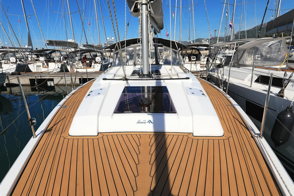 Deck of Pollux, a Hanse 418 sailboat at Grad Kaštela, Croatia
