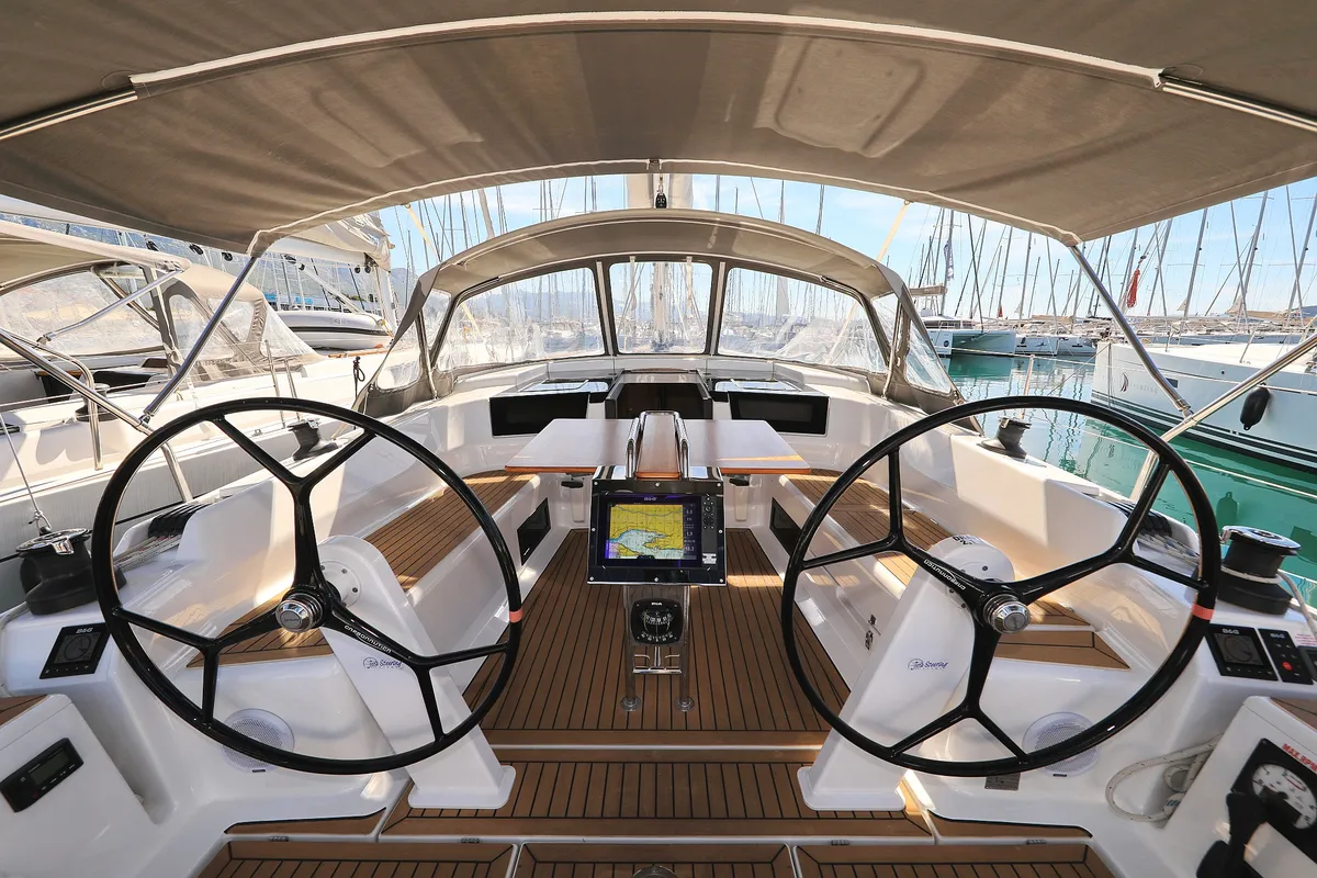 Cockpit of Pollux, a Hanse 418 sailboat at Grad Kaštela, Croatia