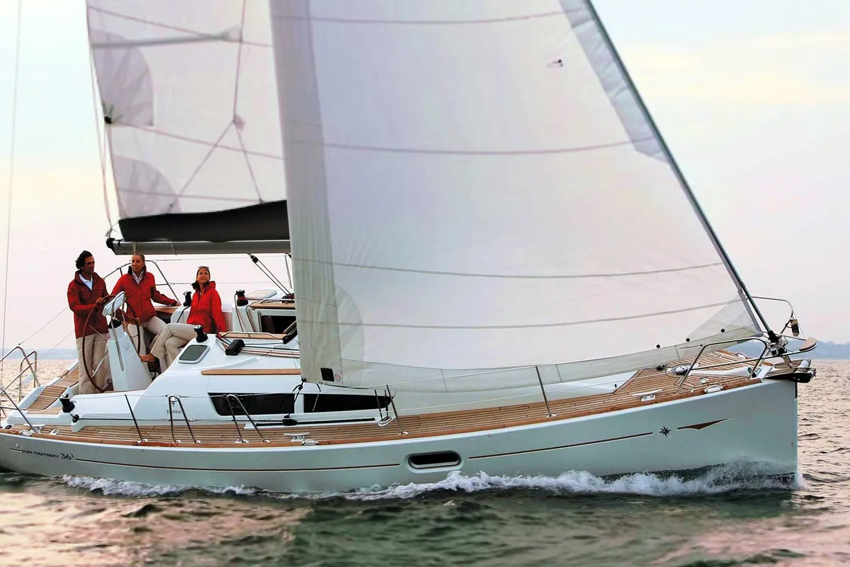 Exterior view of Sunny, a Jeanneau Sun Odyssey 36i sailboat at Municipal Unit of Rhodes, Greece