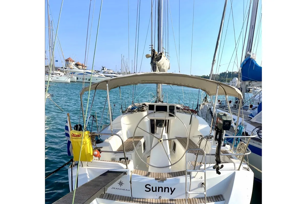 Exterior view of Sunny, a Jeanneau Sun Odyssey 36i sailboat at Municipal Unit of Rhodes, Greece
