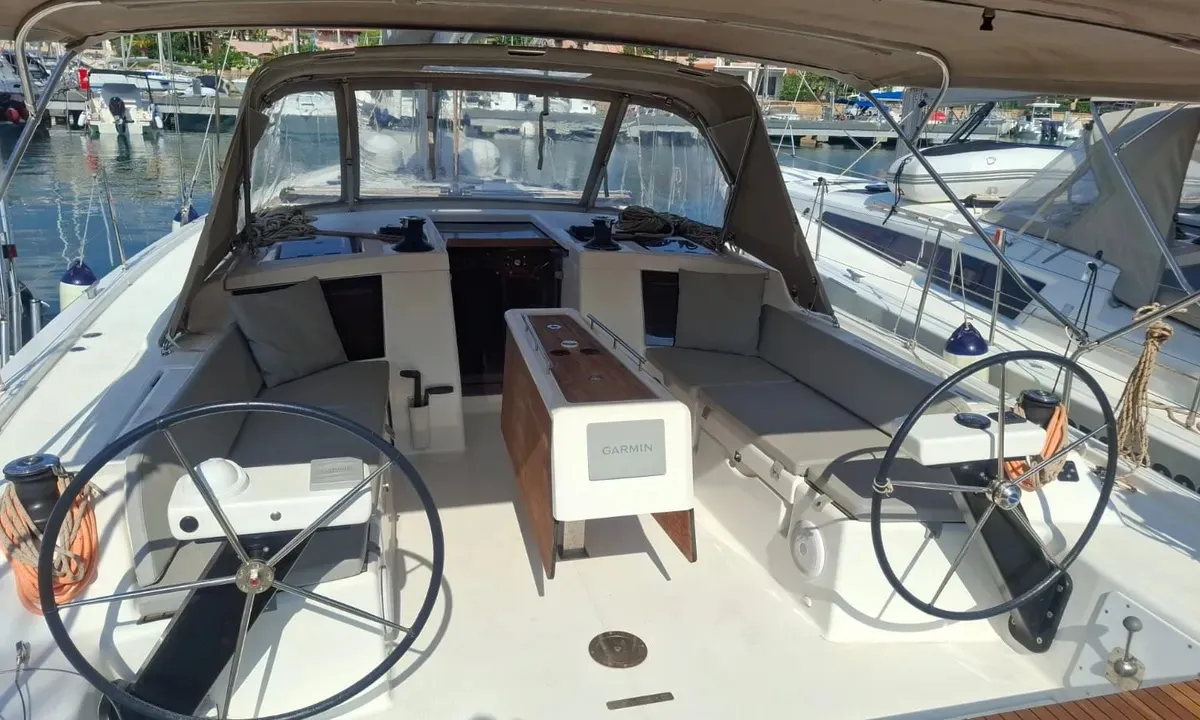 Cockpit of Malimè, a Dufour 430 sailboat at Procida, Italy