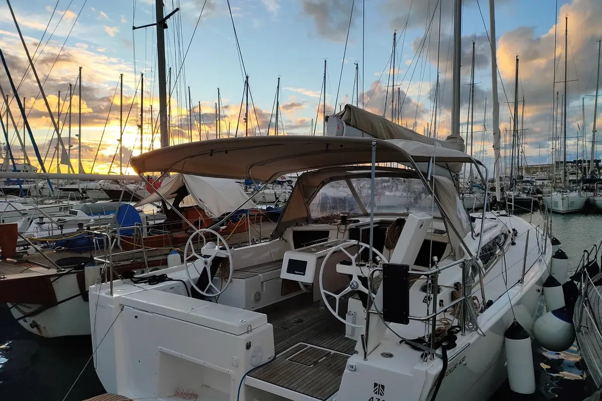 Cockpit of Malimè, a Dufour 430 sailboat at Procida, Italy