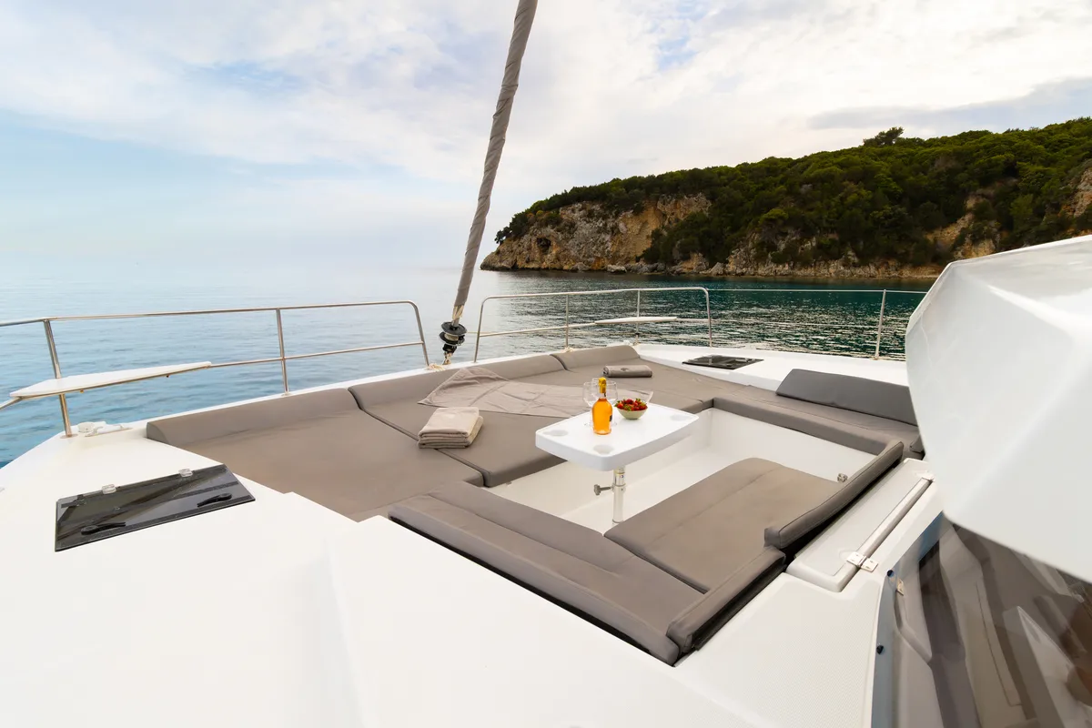 Deck of Stelina II, a Bali 4.2 catamaran at Preveza, Greece