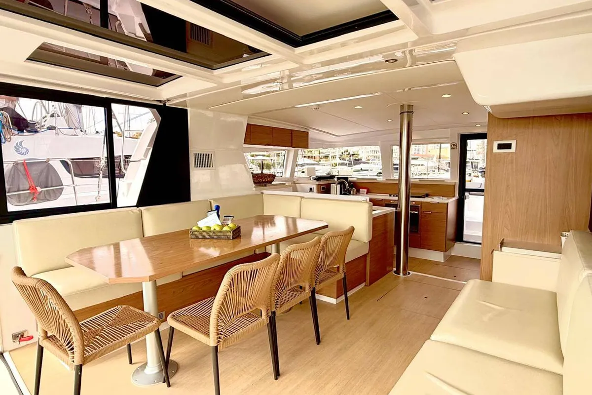 Salon of Stelina II, a Bali 4.2 catamaran at Preveza, Greece