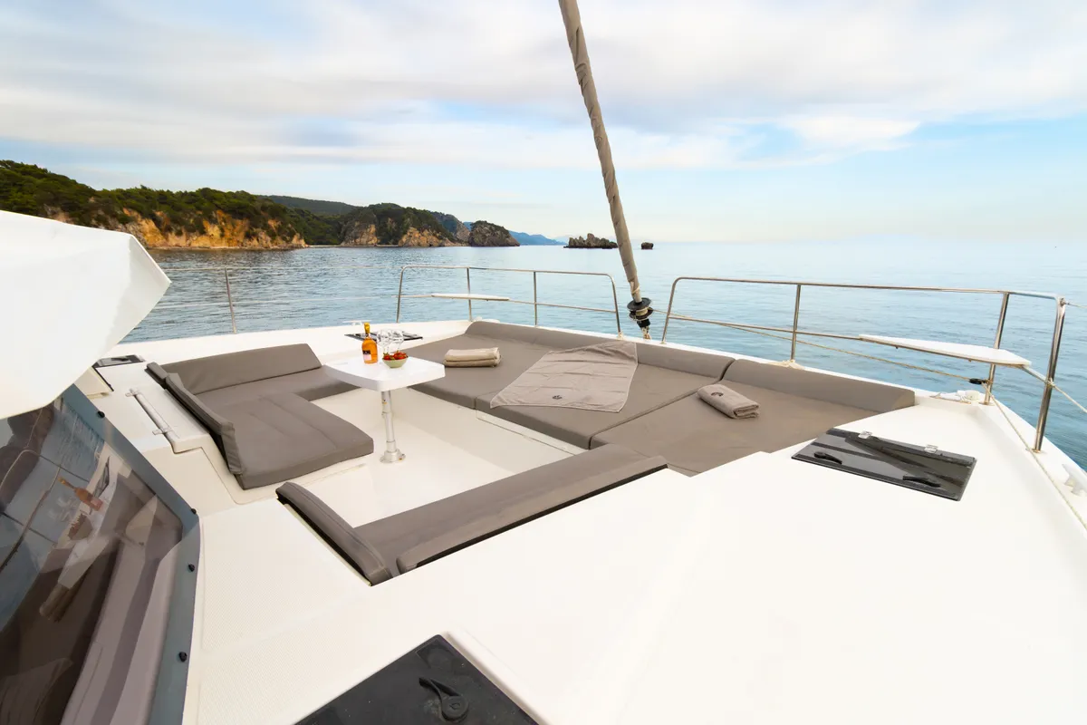 Deck of Stelina II, a Bali 4.2 catamaran at Preveza, Greece
