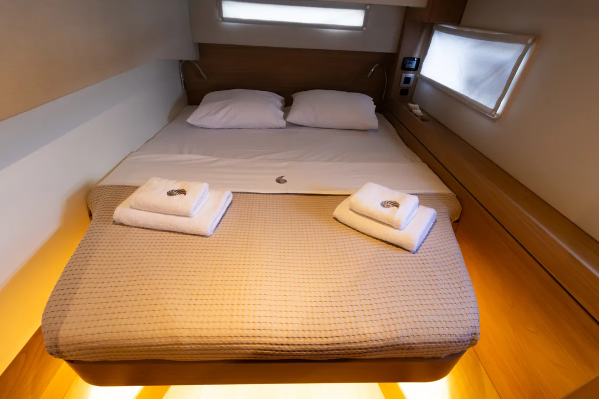 Cabin on Stelina II, a Bali 4.2 catamaran at Preveza, Greece