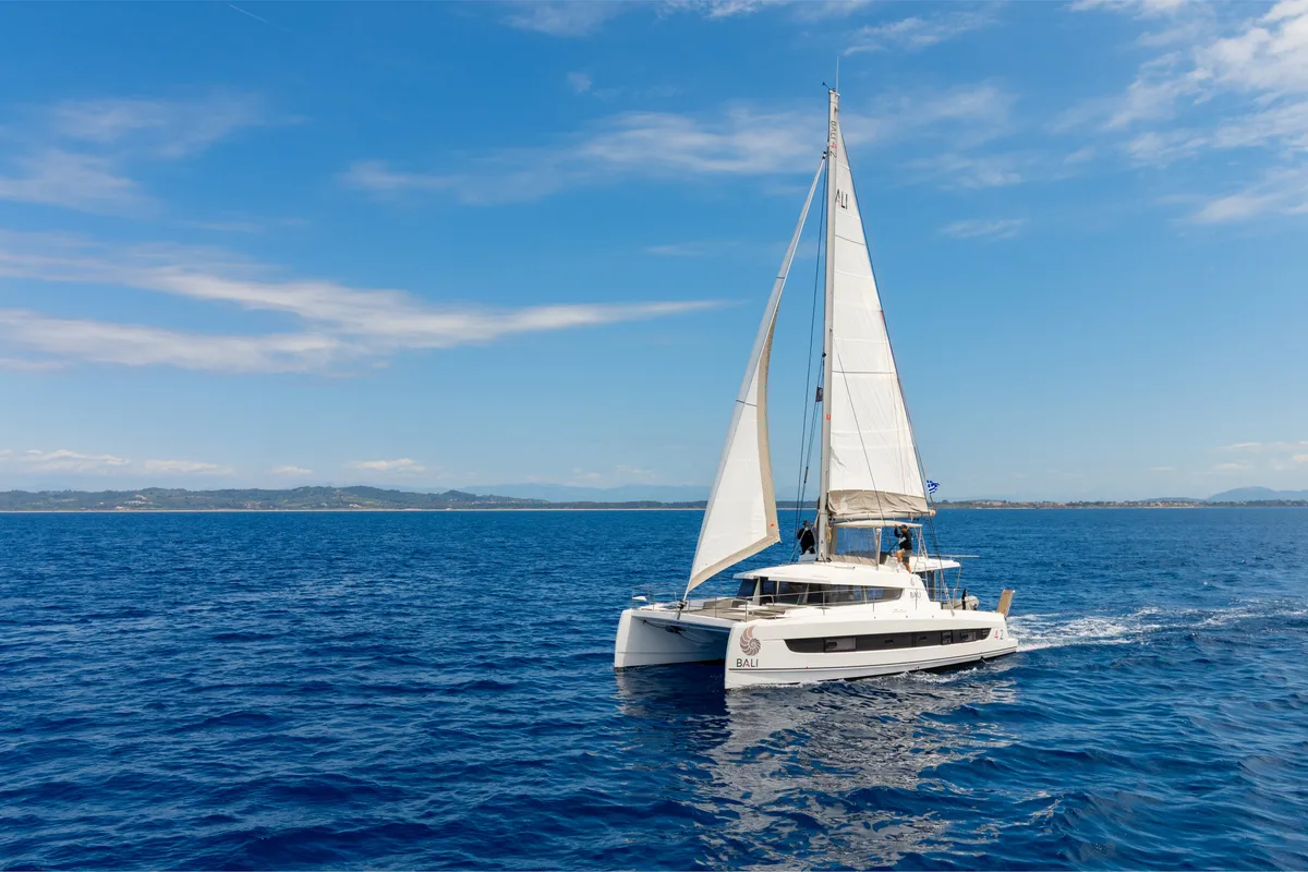 Exterior view of Stelina II, a Bali 4.2 catamaran at Preveza, Greece
