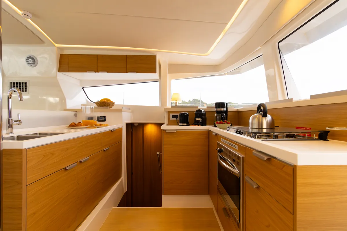 Galley of Stelina II, a Bali 4.2 catamaran at Preveza, Greece