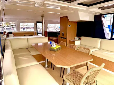 Salon of Stelina II, a Bali 4.2 catamaran at Preveza, Greece