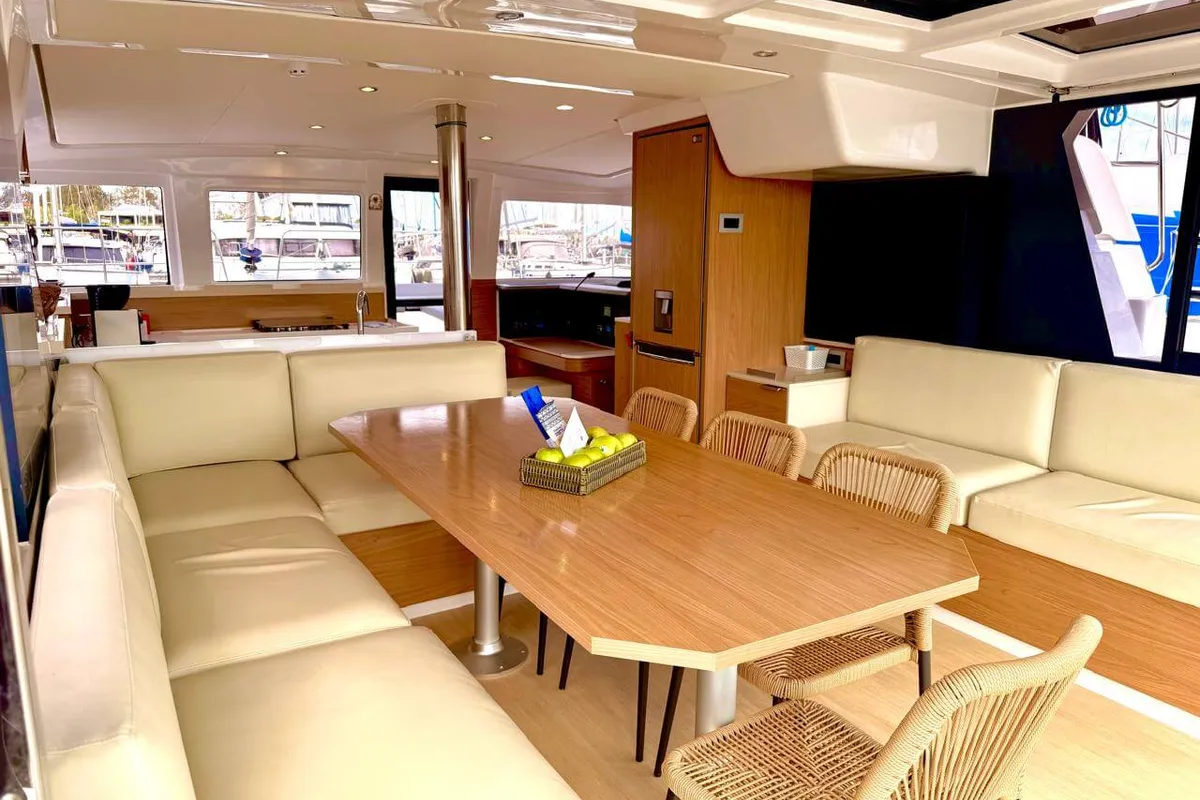 Salon of Stelina II, a Bali 4.2 catamaran at Preveza, Greece