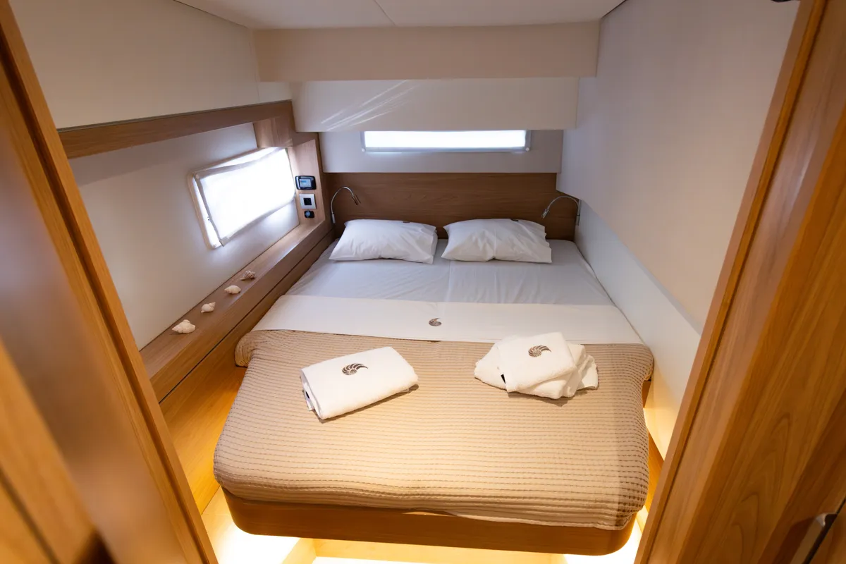 Cabin on Stelina II, a Bali 4.2 catamaran at Preveza, Greece