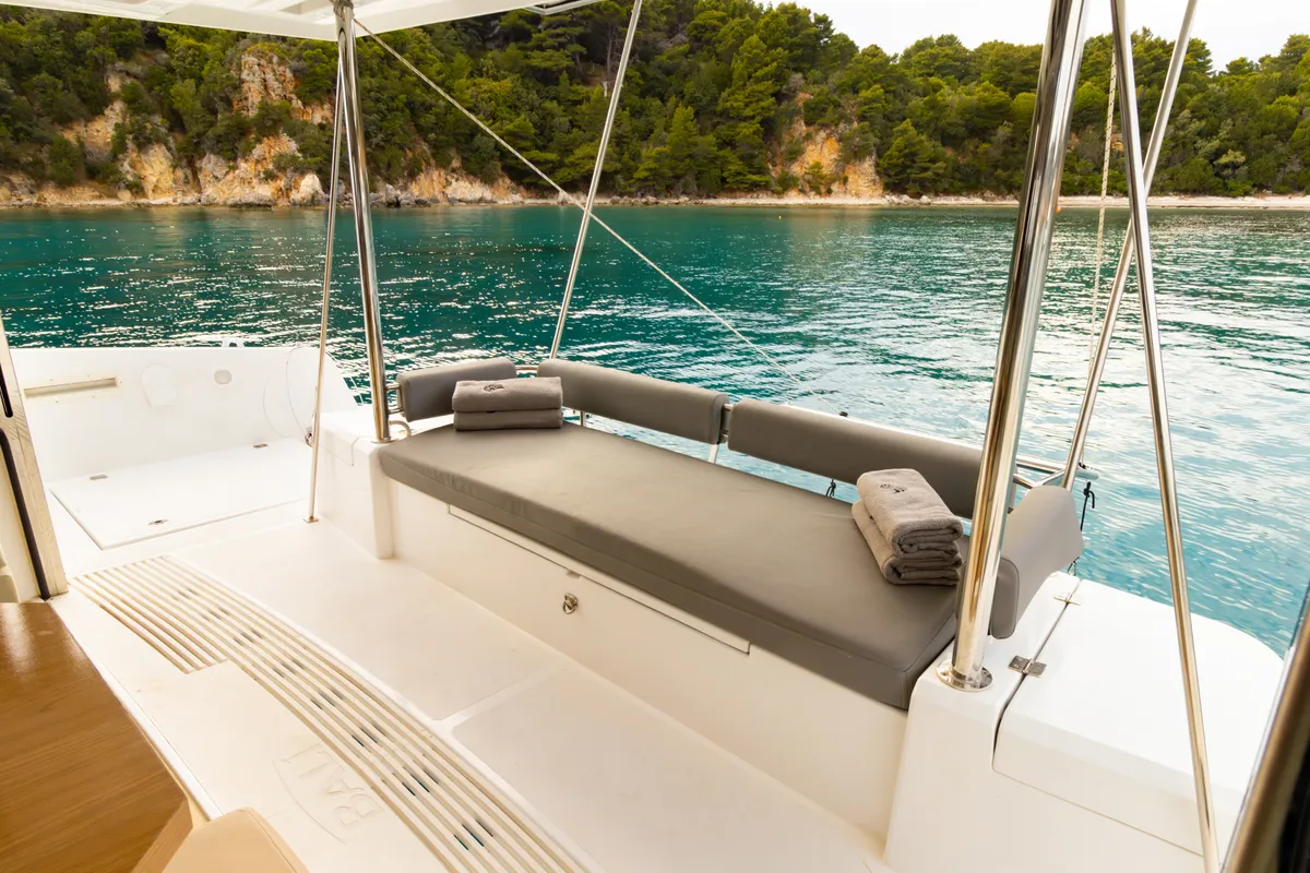 Deck of Stelina II, a Bali 4.2 catamaran at Preveza, Greece