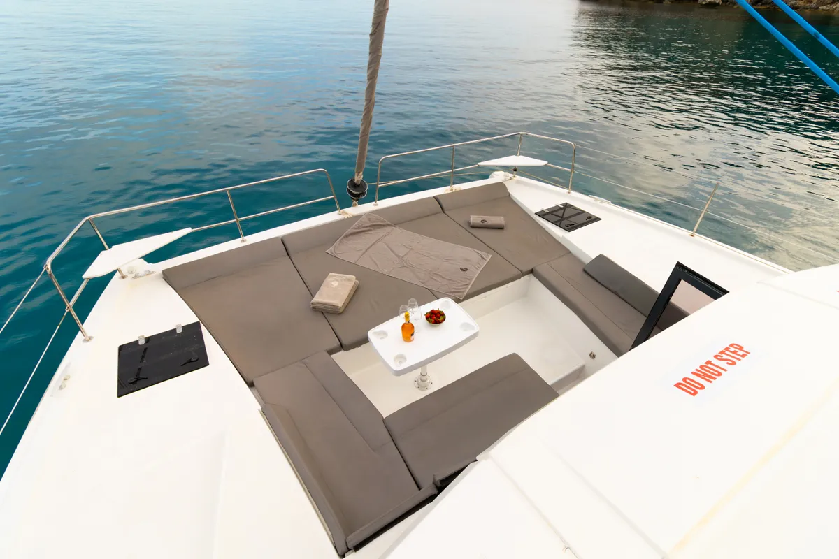 Deck of Stelina II, a Bali 4.2 catamaran at Preveza, Greece