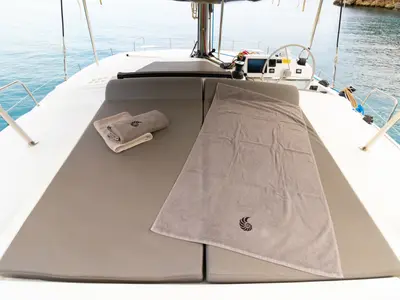 Deck of Stelina II, a Bali 4.2 catamaran at Preveza, Greece