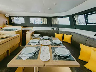 Salon of Blue Horizon - Skippered, a Dufour Catamaran 48 catamaran at Preveza, Greece