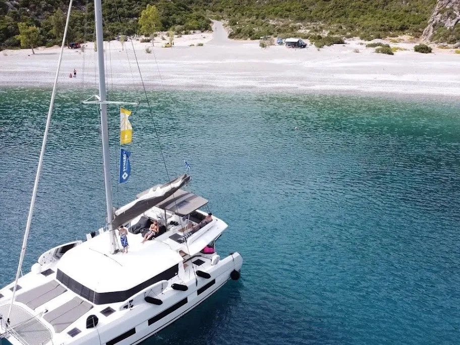 Exterior view of Blue Horizon - Skippered, a Dufour Catamaran 48 catamaran at Preveza, Greece