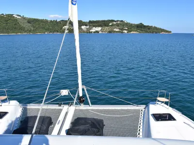 Deck of Lagoon 42, a catamaran at Athens, Greece