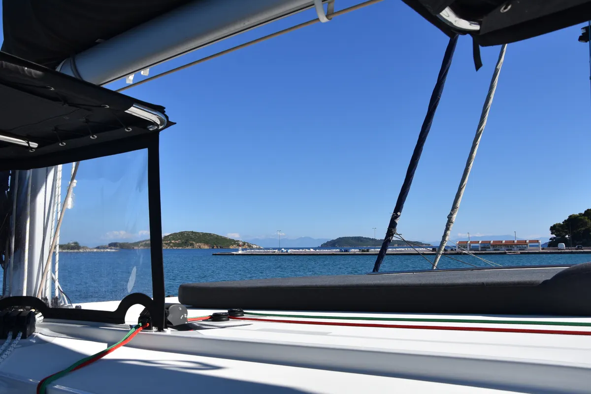 Deck of Lagoon 42, a catamaran at Athens, Greece