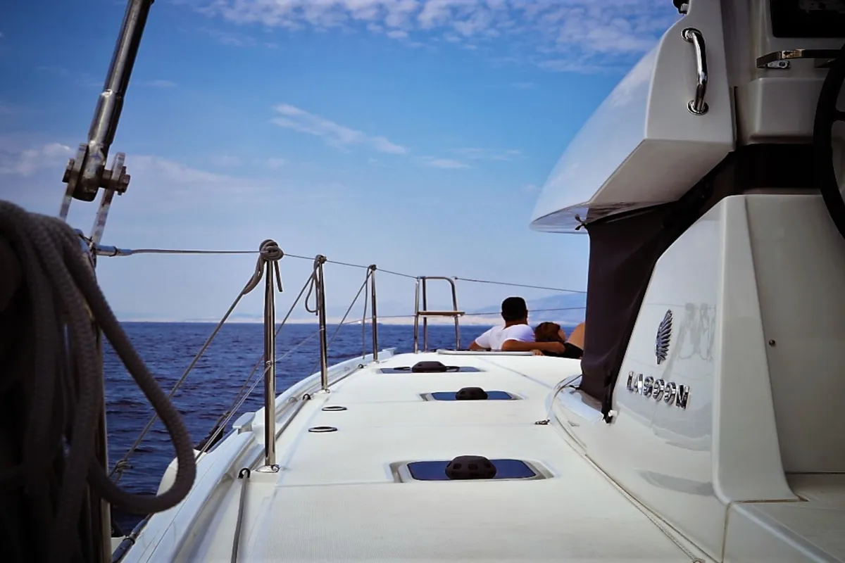 Deck of Lagoon 42, a catamaran at Athens, Greece