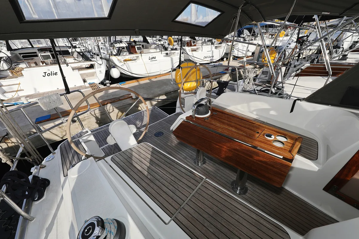 Cockpit of Sun Course, a Bavaria Cruiser 37 sailboat at Grad Biograd na Moru, Croatia