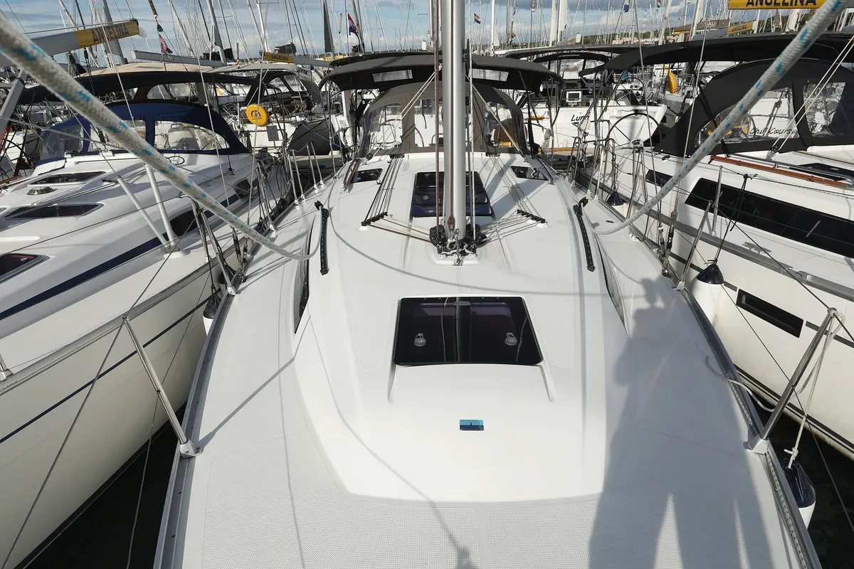 Deck of Sun Course, a Bavaria Cruiser 37 sailboat at Grad Biograd na Moru, Croatia