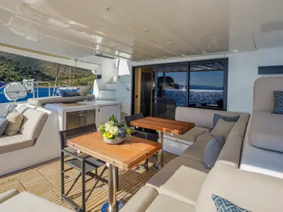 Deck of VALIUM 55, a Lagoon 55 catamaran at Municipal Unit of Nea Peramos, Greece