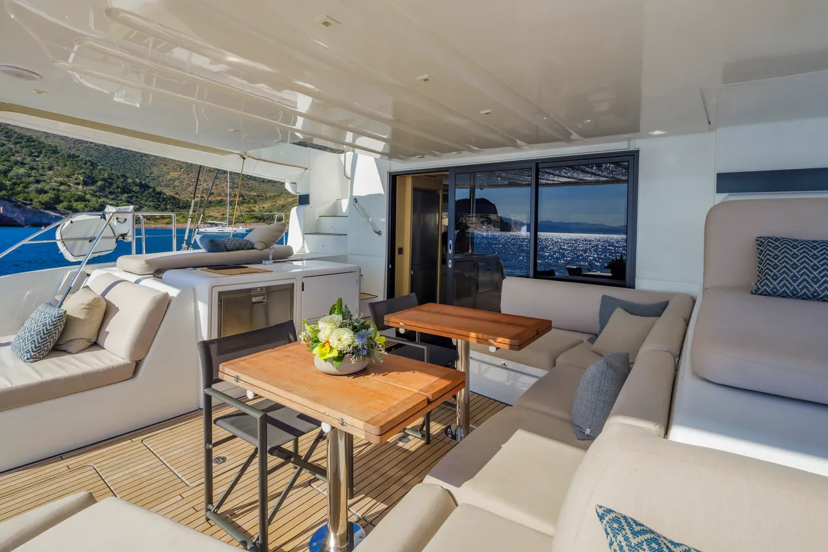Deck of VALIUM 55, a Lagoon 55 catamaran at Municipal Unit of Nea Peramos, Greece