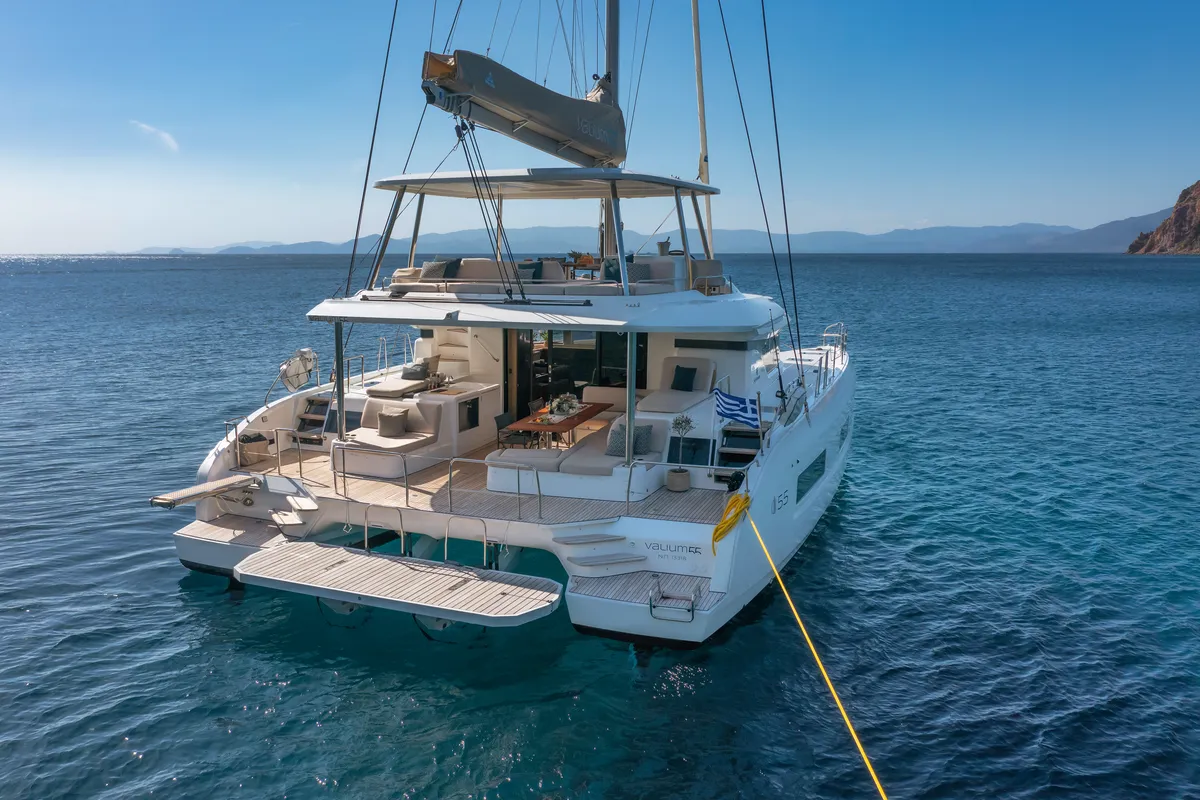 Exterior view of VALIUM 55, a Lagoon 55 catamaran at Municipal Unit of Nea Peramos, Greece